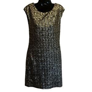 RED Saks Fifth Ave Sequin Dress M Gold Silver Sparkle Sheath Party Cocktail Glam